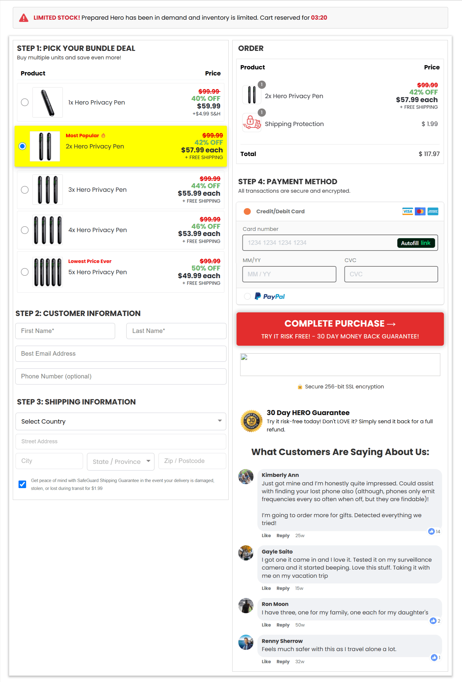Hero Privacy Pen checkout page